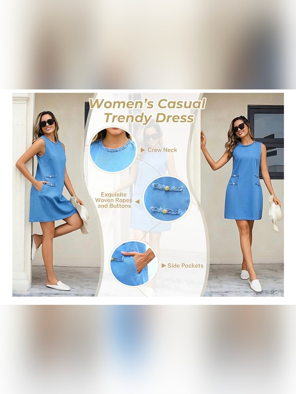 Sleeveless Denim Dress With Braided Trim #1323 - Picture 8 of 8